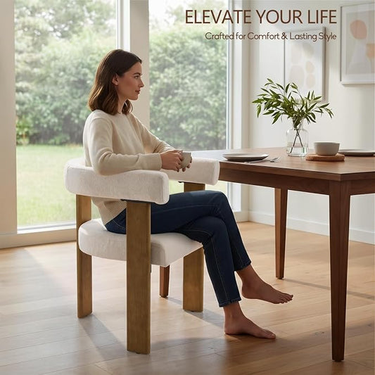 VIRRMO Boucle Dining Chair Set of 2 Terry Upholstered Dining Room Chairs Kitchen Chairs with Wood Legs Mid Century Modern Chair for Dining Room, Kitchen (Wood-Cream, 2)