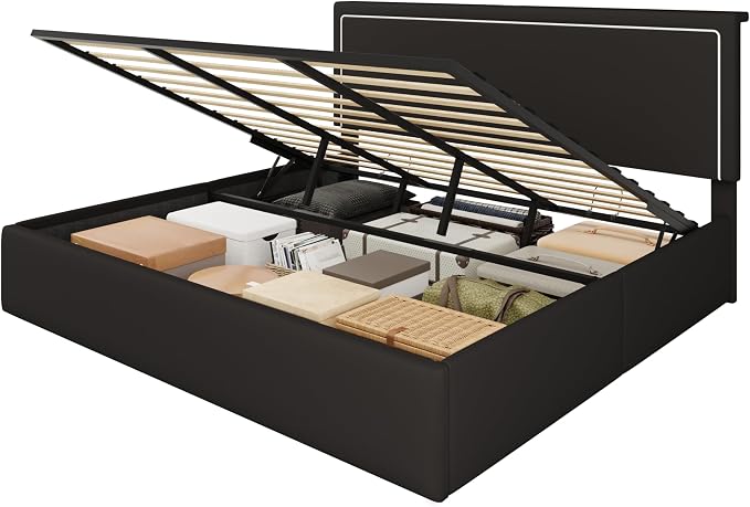 SHA CERLIN King Size Hydraulic Lift-Up Storage Platform Bed Frame with Charging Station, RGB LED Lights, Adjustable Velvet Headboard, USB-A and USB-C Ports, No Box Spring Needed, Black