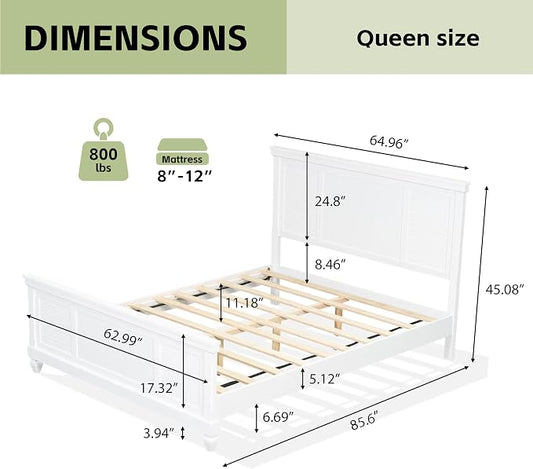 Merax Queen Size Bed Frame with Wood Headboard, Farmhouse White Platform Bed Frame with Sturdy Wooden Support Slats, No Box Spring Needed, Holds up to 800 Pounds, Noise-Free, Easy Assembly