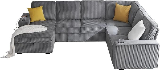 AMERLIFE 112 Inch U Shaped Couch, Oversized Couch with Storage Chaise & Cup Holders, Sectional Sofa with USB & Type-C Charging Ports, Corduroy Grey