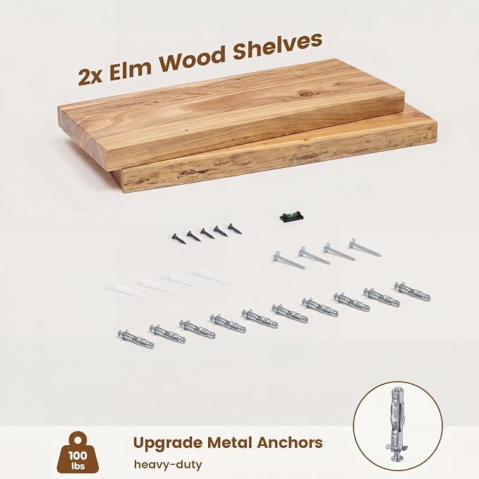 Venusmiles Elm Floating Shelves for Wall Decor, Rustic Solid Wood Shevles Wall Mounted with Invisible Bracket for Living Room Bathroom Bedroom Kitchen, 22.5 Inch Set of 2, Natural