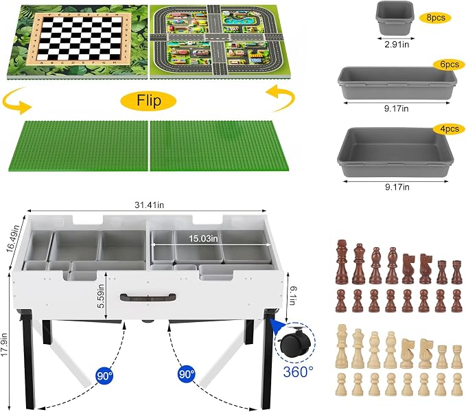 Taladad&kydspac 3 in 1 Table with Storage,Wooden Kids Activity Table Compatible with Lego and Building Block,Construction+Train+Chess Toddler Play Table,Wheels for Under Bed or Sofa Storage