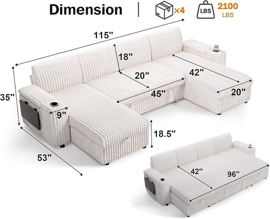 WEUP 108" Modular Sectional Sleeper Sofa with Pull Out Bed, 4 Seat Plush Corduroy U Shaped Couch with USB Ports|Cup Holders|Side Table|Storage Chaise Armrests, Tool Free Assembly, Beige