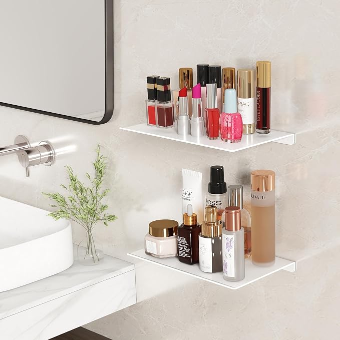 MKO 8" Small Floating Shelves for Wall, Metal Wall Mounted Shelf for Bathroom, Bedroom, Living Room, Kitchen, Little Hanging Shelves for Books/Storage/Room Decor 2 Packs, White