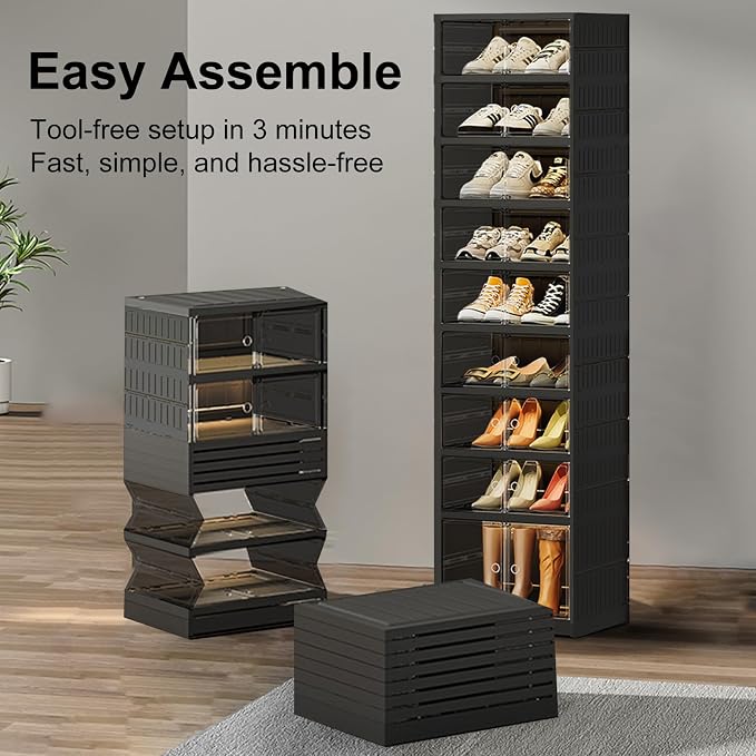 SYNCVIBE Shoe Rack Organizer for Closet Entryway Foldable Sneaker Storage Shoe, Collapsible Shoe Cabinet, Stackable Shoe Storage Cabinet with Lids for Living Room (9 Tiers -18 Pairs Black)