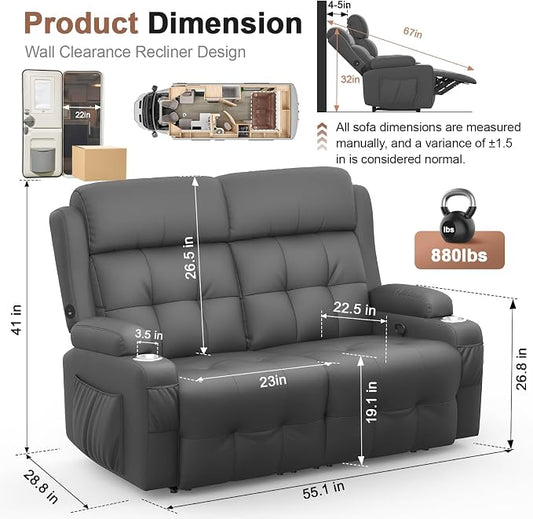 Reclining Loveseat, 55.1" RV PU Leather Wall Hugger Recliner Love Seats Sofa with Charging Station, Removable Armrest, Cup Holder, Double Recliners Couch, Manual Love Seat for Living Room