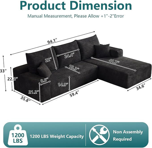 95" Modular Sectional Couch, Boneless L Shaped Cloud Sofa with Chaise Lounge, Corduroy Upholstered Couches Memory Foam Deep Seat, No Assembly Required, Ideal for Living Room(Black, Right Facing)