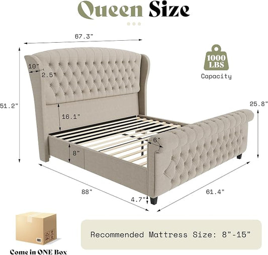 AMERLIFE Queen Size Platform Bed Frame, Linen Upholstered Sleigh Bed with Scroll Wingback Headboard & Footboard/Button Tufted/No Box Spring Required/Khaki