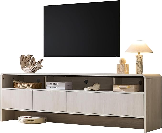 AMERLIFE 70" Modern TV Stand for TVs Up to 80", Wood TV Console with Curved Profile Design & 2 Storage Cabinets, Media Console Entertainment Center for Living Room, White
