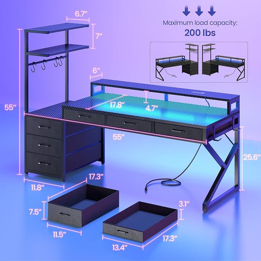 SEDETA 55" Gaming Desk with 6 Drawers, Corner Gaming Desk with Storage & LED Lights, Reversible PC Desk with Power Outlet, Corner Computer Desk with Hutch, Monitor Stand, Side Hook, Carbon Fiber Black