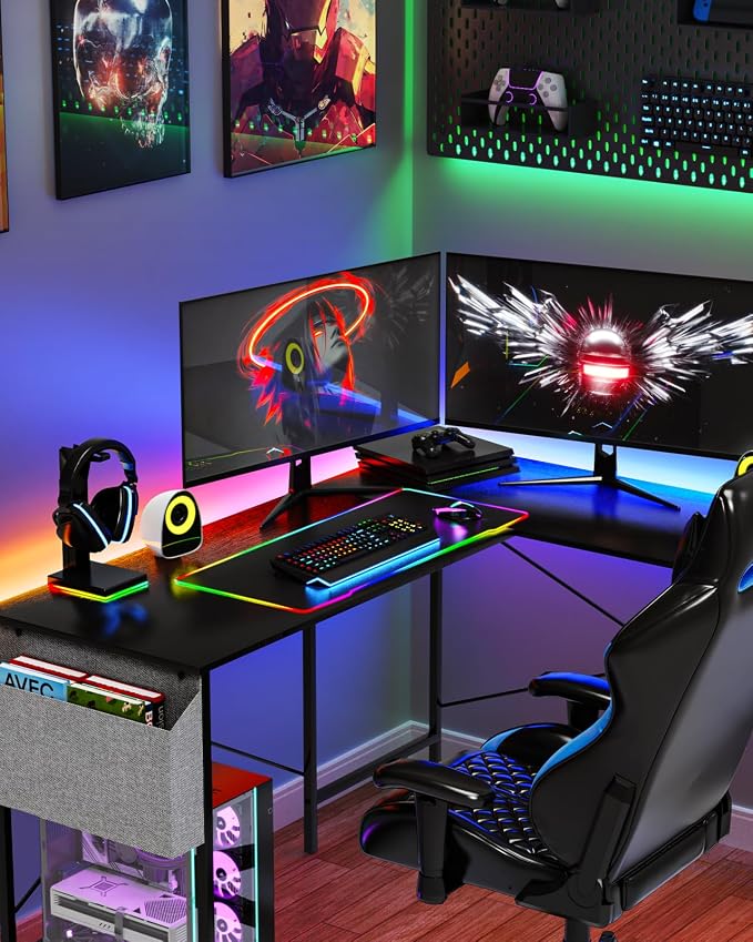 L Shaped Desk - 50" Reversible Home Office Computer Desk, Wood Top, Metal Frame, Side Bag, Sturdy Gaming Desk Corner Table for Work, Writing and Study, Space-Saving