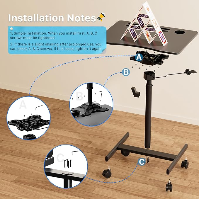 Mobile Standing Desk, 28 inch Rolling Standing Laptop Desk with Cup Holder, Mobile Desk Workstation with Wheels, Portable Computer Desk Cart with Hook for Home Office, Black