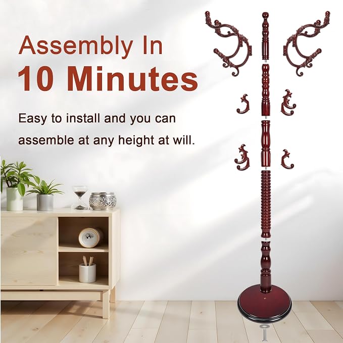 Coat Racks Freestanding, Natural Wood Coat Stands with 14 Hooks, 73" Heavy Duty Adjustable Height Vintage Hall Tree for Entryway, Bedroom, Office, Easy Assembly (Rosewood)