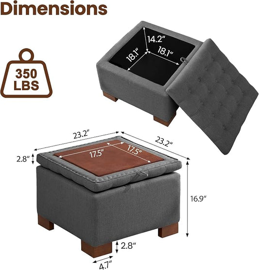 24 Inch Square Storage Ottoman Coffee Table, Modern Tufted Upholstered Ottoman with Flip Tray and Solid Wood Legs, Suitable for Living Rooms, Linen Grey