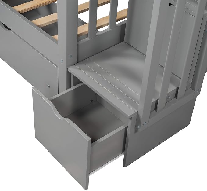 RUNNA Full Over Full Bunk Bed, Convertible, Storage Stairs Gray | Full over full bunk bed, convertible split design, storage stairs, solid pine wood, guardrails, no box spring needed,Gray