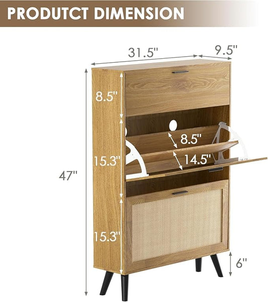 MU Natural Rattan Shoe Cabinet, Entryway Shoe Cabinet with 2 Flip Drawers and Hidden Cabinet, Boho Shoe Organizer Cabinet, Wooden Shoe Storage Cabinet for Entrance, Hallyway, Natural