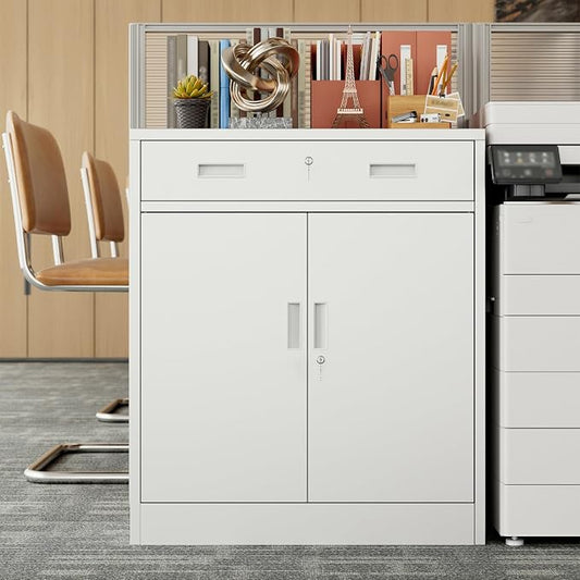 BESFUR Metal Garage Storage Cabinet with One Lockable Drawer 2 Locking Doors and an Adjustable Shelf, 36" White Metal Short Storage Cabinet for Home Office, Garage,School,Utility Room