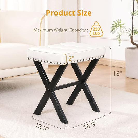 LUE BONA White Vanity Stool - Square Faux Leather Makeup Seat With Metal X Legs, Small Ottoman Chair for Makeup Room, Living Room, Bathroom - Padded Foot Rest