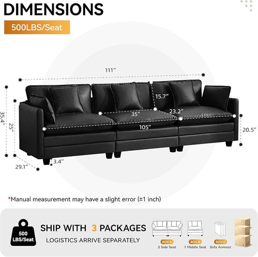 111'' Sectional Cloud Deep Seat Couch, Modern Comfy Leather Modular Sectional Sofa for Living Room Set, Upholstered Modular 3-Seats Sofa Couch, Leather Black