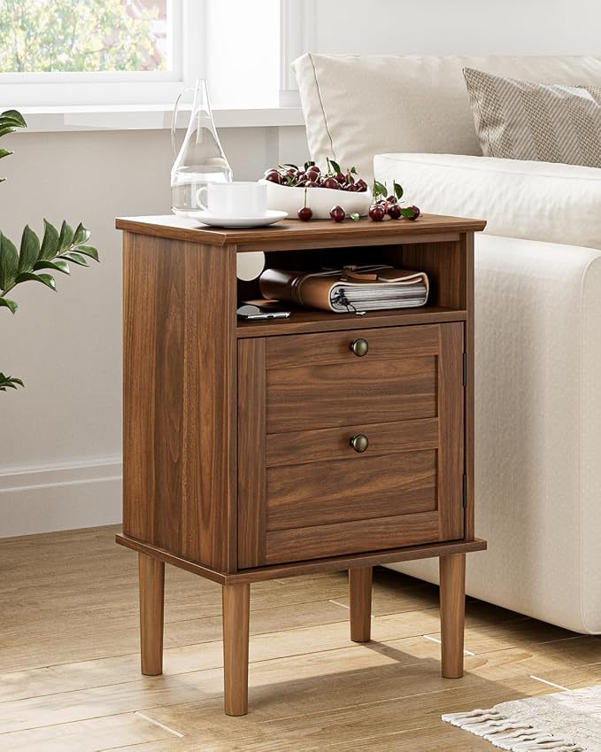 Nightstand, Boho Night Stand with 1 Drawer, Modern Side Accent Table with Open Shelf, Wooden Top Bedside End Table for Bedroom, Living Room, Walnut