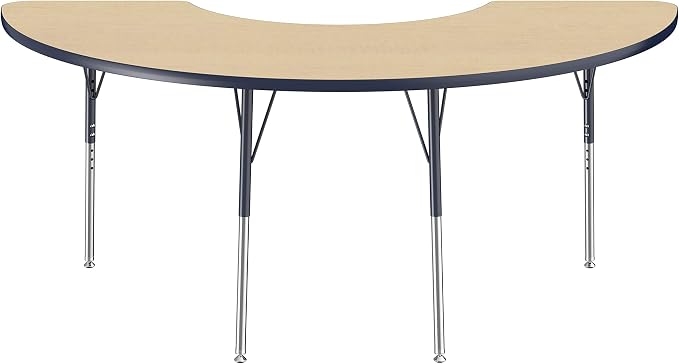 FDP Half Moon Activity School and Office Table (36 x 72 inch), Standard Legs with Swivel Glides for Collaborative Seating Environments, Adjustable Height 19-30 inches - Maple Top and Navy Edge