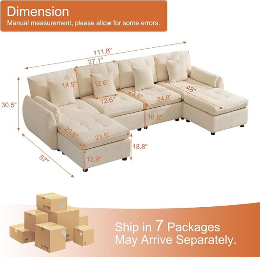 112" U Shaped Modular Sectional Cloud Sofa with 2 Ottomans, Oversized Deep Seat Tufted Chenille 6-Seater Couch with Curved Arms, Upholstered Sofas for Living Room, Beige