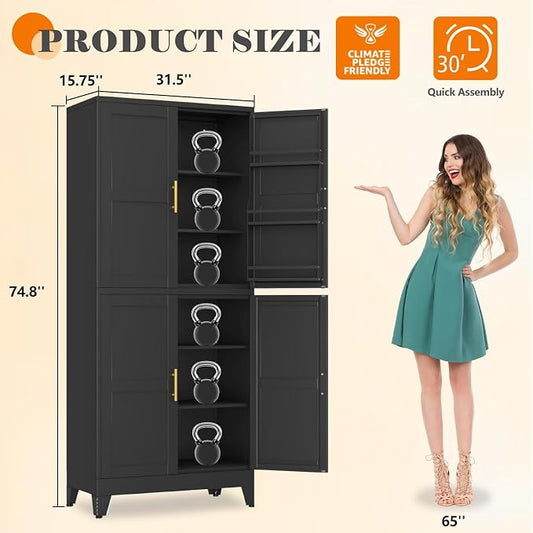 GAIOUS 74.8" Tall Metal Food Cabinet, Black Kitchen Pantry Cabinet, Storage Cabinets with 4 Door and 4 Adjustable Shelves, Steel Freestanding Cupboard for Kitchen Dining Room Living Room Bathroom