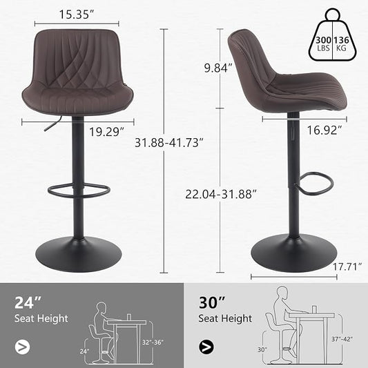 YOUTASTE Bar Stools Set of 2, Adjustable Swivel Counter Height Barstools with Back, Brown Faux Leather Upholstered Bar Chairs with Metal Base, Stools for Kitchen Island or Home Bar