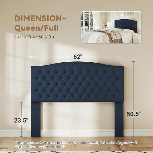 Queen Headboard Only, Upholstered Headboard for Adjustable Bed Linen Tufted Queen/Full Size Wall Mounted Head Board with Solid Wood Legs Head Board, Navy Blue