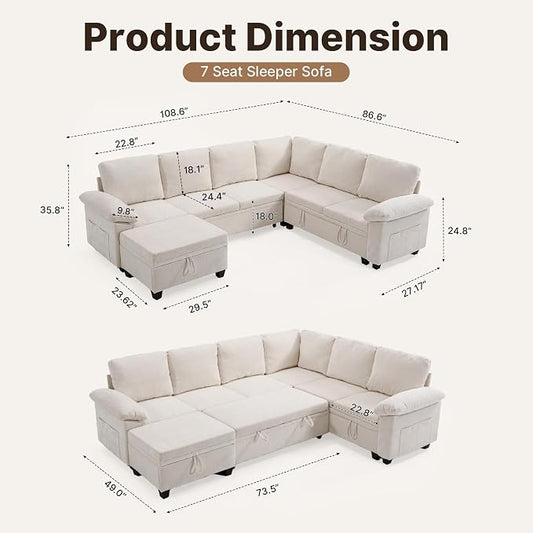 108" Modular Sectional Sofa Bed with Storage, L Shaped Pull Out Couch, Removable Chenille Sofa Cover for Living Room(Beige, 7 Seat)