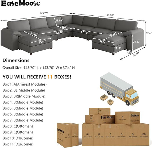 EASE MOOSE Oversized U Shaped Couch,Modular Sectional Convertible Sofa with Wide Deep,Extra Large Faux Leather Scratch Resistant Modern Couch for Big Spaces,Grey