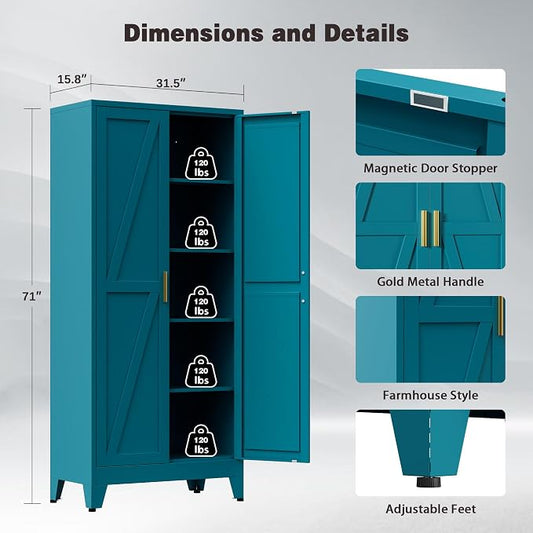 71" Tall Metal Pantry Cabinet, Kitchen Storage Cabinet with 2 Doors and 4 Adjustable Shelves for Kitchen, Living Room, Dining Room, Bathroom and Home, Office (Blue, 1PC)