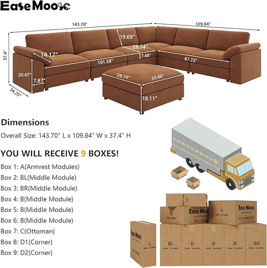 EASE MOOSE Oversized Sectional Modular Sofa, Large L Shape Sectional Couch Wide Deep Brown Modular Cloud Sofa Couch