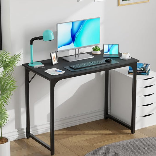 PayLessHere | 39 Inch Computer Desk | Black | Office Desk with Metal Frame, Adjustable Feet | Water-Resistant, Scratchproof Surface | Sturdy Writing Table for Home Office or Study | Pack of 1
