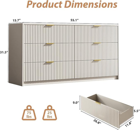 MAISONARIA 3-Piece Dresser Bedroom Set, 6 Drawer Dresser & 2 Drawer Nightstands with Gold Handles, Fluted Wood Chest of Drawers for Bedroom, Living Room, Entryway, Beige