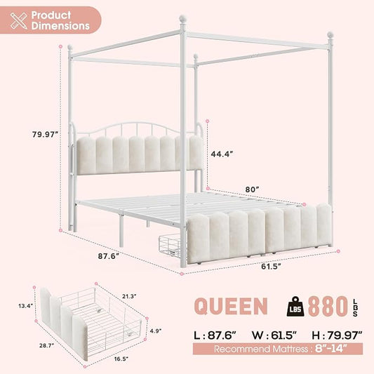Homkdom Canopy Bed Frame Queen Size with Upholstered Storage Headboard and Charging Station & LED Lights, 2 Oversized Drawers,Heavy-Duty Support, No Box Spring,Quiet Sleep,Easy Assembly, White