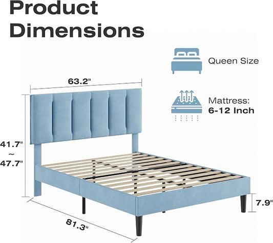 VECELO Queen Size Bed Frame with Upholstered Headboard, Heavy-Duty Bedframe with Wooden Slats & Steel Framework, Easy Assembly, Light Blue
