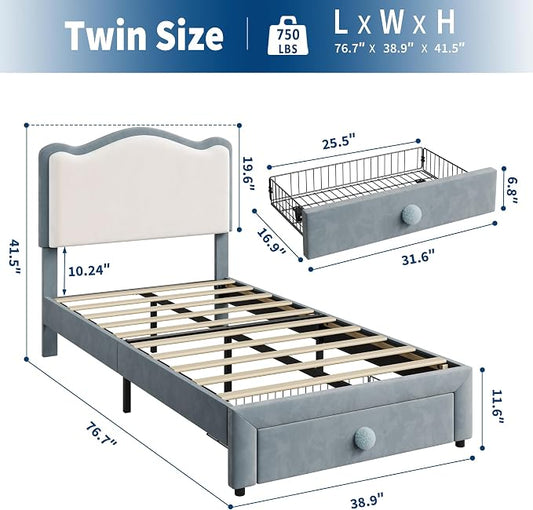 GarveeHome Upholstered Twin Bed Frame with Storage Drawer & Scallop Headboard, Princess Twin Size Platform Bed Frames for Kids Girls, Wooden Slats Support, No Box Spring Needed, Pink/White (Blue)