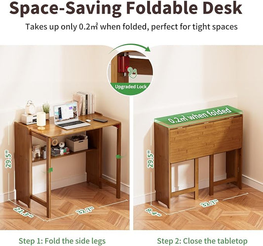 Bamboo Foldable Desk, Folding Desks for Small Spaces, Mid Century Small Computer Desk with Bookshelf for Bedroom Home Office, Brown