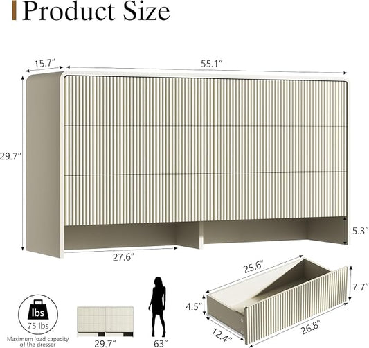 Furniway Bedroom Dresser Set 3 Piece, 6 Drawer Curved Dresser with 2 Nightstands, Modern Fluted Wood Storage Cabinet, White Chest of Drawers with Pop-Up Design, Beige