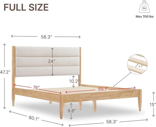 KISLOT Wood Bed Frame with Upholstered Headboard Wooden Platform with Silent Slat Support Mattress Foundation No Box Spring Needed, Easy Assembly