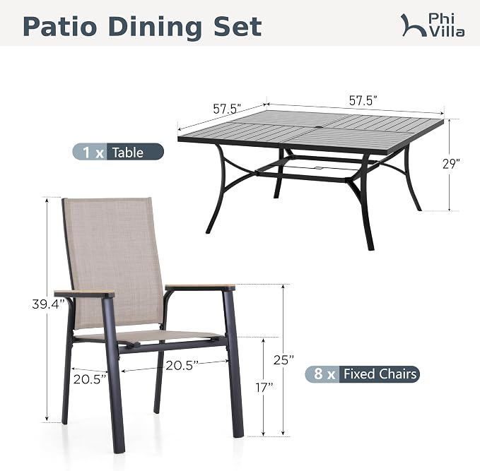 PHI VILLA 9 PCS Patio Dining Set, Aluminum Outdoor Furniture, Patio Table and Chairs for 8, Lightweight Stackable Chairs with Breathable Fabric and Large Square Metal Table for Garden Yard Deck, Beige