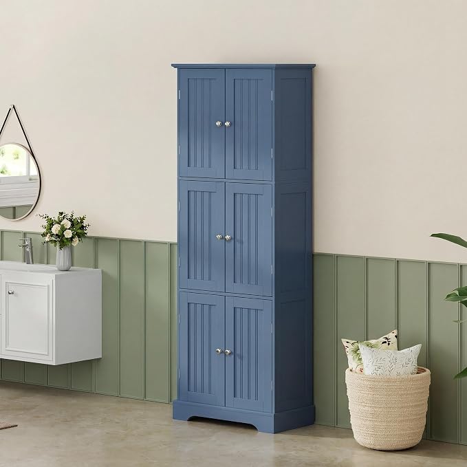 ChooChoo Tall Bathroom Storage Cabinet with 6 Doors, Freestanding Floor Cabinet with Adjustable Shelves, Blue Pantry Cabinet for Bathroom, Kitchen, Laundry Room