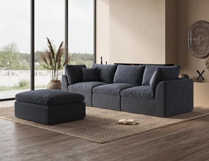 ohllob 110 Inch Cloud Sectional Couches for Living Room, Convertible L Shaped Couch with Ottoman, 3 Seater Modular Sectional Sofa, Grey