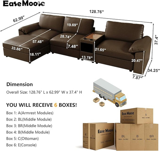 EASE MOOSE Leather Sectional Couch with Console,Oversized Modular Sectional Sofas,Wide Deep Seat Modular Couch,Scratch Resistant Faux Leather Material,L Shaped Sofa for Big Spaces,Deep Brown