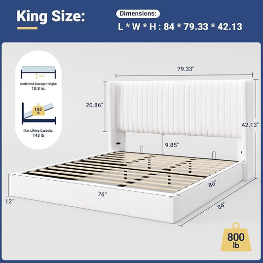 Allewie King Size Lift Up Storage Bed Frame, Hydraulic Support System, Upholstered Platform Bed Frame, Underneath Storage, Vertical Channel Tufted Headboard with Wingback, No Box Spring Needed, White