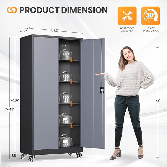 Metal Garage Cabinets with Wheels, Heavy Duty Rolling Storage Cabinet with Lock, Storage Caninet with 2 Doors and 4 Shelves, Tall Tool Cabnet on Wheels for Workshop/Home/Office-(Black Gray 75”H)