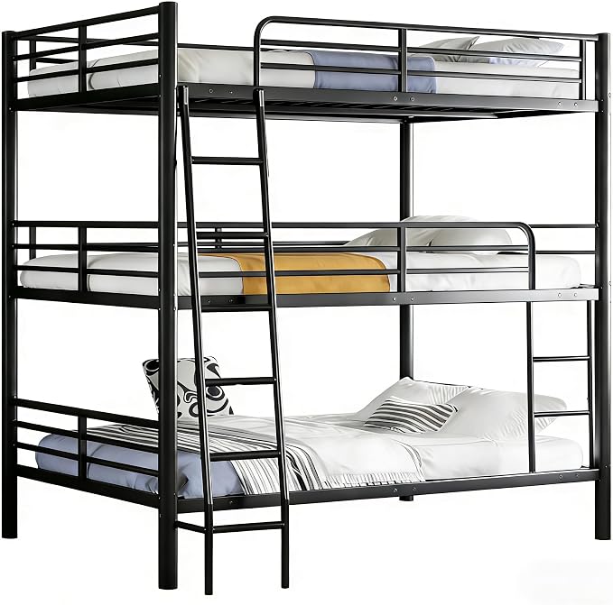 Metal Triple Bunk Bed,Twin Over Twin Bunk Bed for 3, 3 Beds with Guardrail and Ladder, Heavy Duty Triple Bed Frame Suitable for Teenagers/Adults, No Box Spring Needed (Black D)