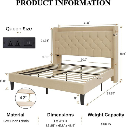 SHA CERLIN Queen Size Platform Bed Frame with Charging Station, Linen Wingback Headboard with Storage Shelf, Wooden Slats Support, Ample Under-Bed Space, No Box Spring Needed, Easy Assembly, Beige