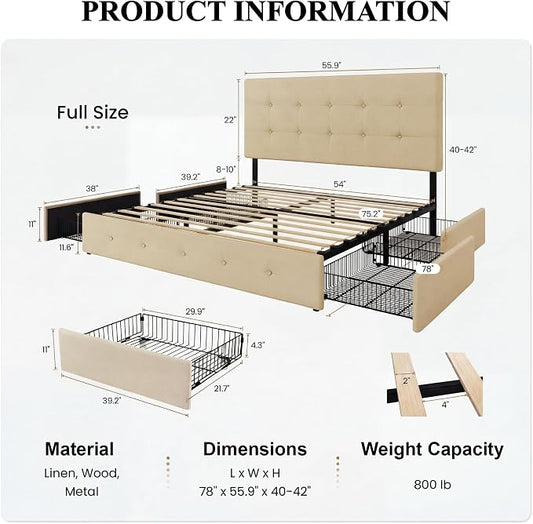 SHA CERLIN Upholstered Full Size Platform Bed Frame with 4 Storage Drawers, Adjustable Headboard with Square Stitched Button Tufted Design, Wooden Slat Support, No Box Spring Needed, Beige